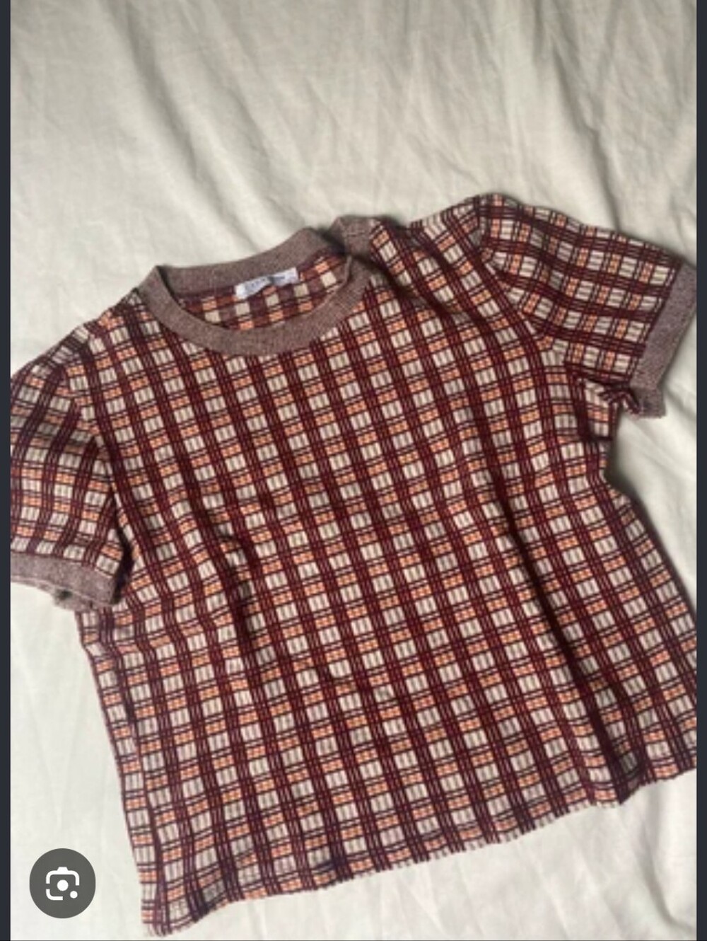 Plaid Short-Sleeve Knit Top in Burgundy and Cream